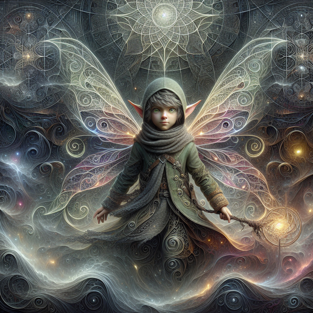 Mystical Child with Wings in Cosmic Patterns