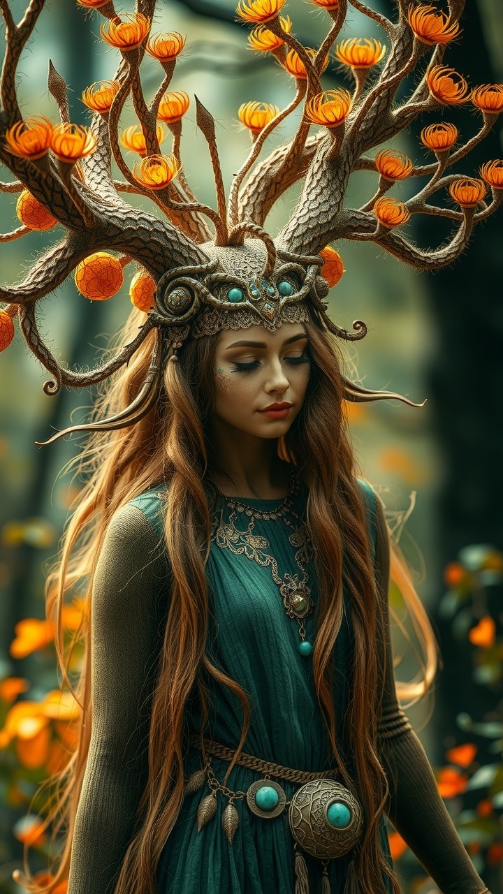 Mystical Figure in Enchanting Forest with Crown and Gown