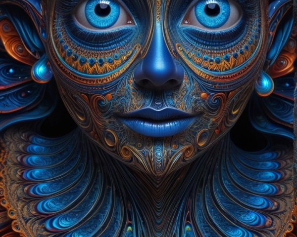 Intricate Blue Face with Vibrant Patterns and Swirls