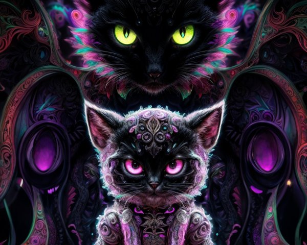 Whimsical Cat Figure in a Vibrant Fantastical Setting