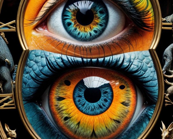 Artistic Rendering of Colorful Eyes in Golden Frame