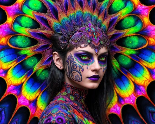 Portrait of a woman with vibrant face paint and headdress