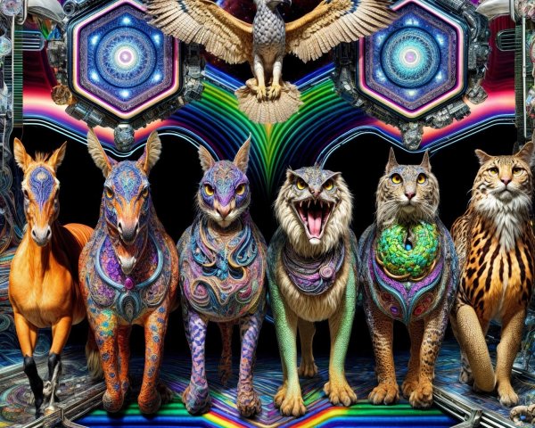 Surreal Scene of Fantastical Animals in Cosmic Setting