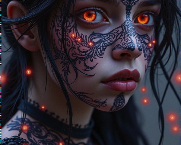 Portrait of a young woman with body art and horns