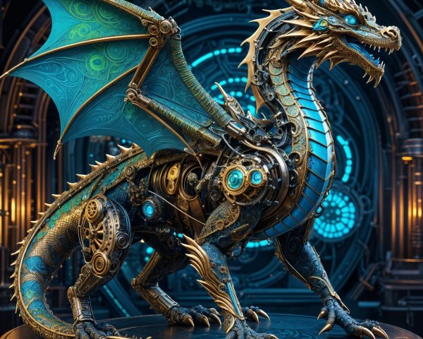 Mechanical Dragon on Gear-Laden Pedestal
