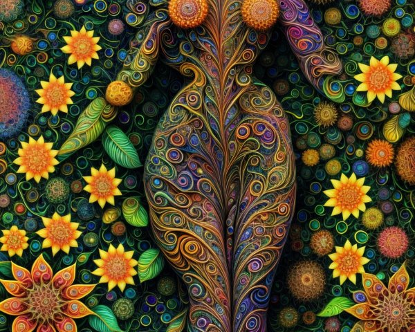 Intricate Illustration of Figure with Floral Patterns