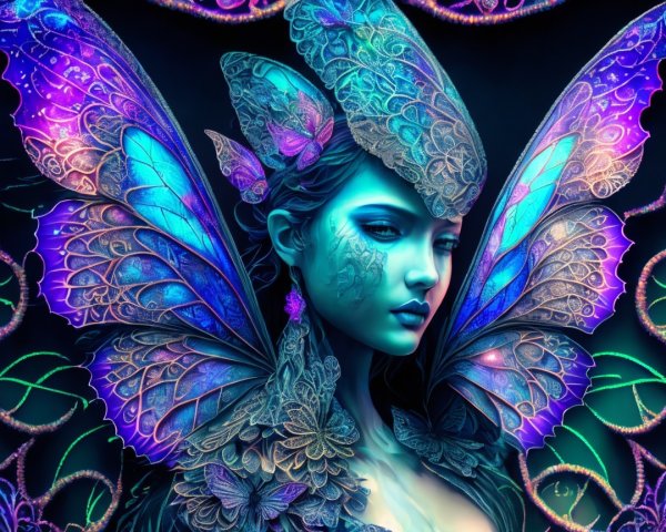Woman with Butterfly Wings in Dreamlike Setting