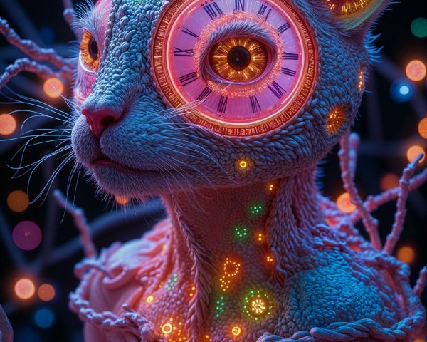 Surreal Cat Figure with Clock Faces and Glowing Vines