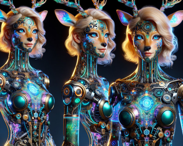 Futuristic Humanoid Figures Resembling Deer with Antlers
