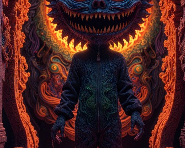 Fantastical creature in a vibrant, surreal corridor