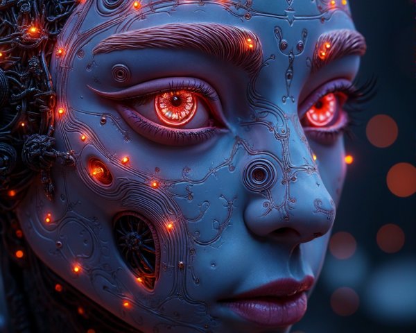 Humanoid Face with Mechanical Patterns and Red Eyes