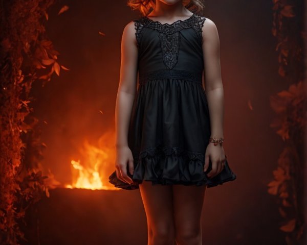 Young girl in black dress surrounded by flickering flames