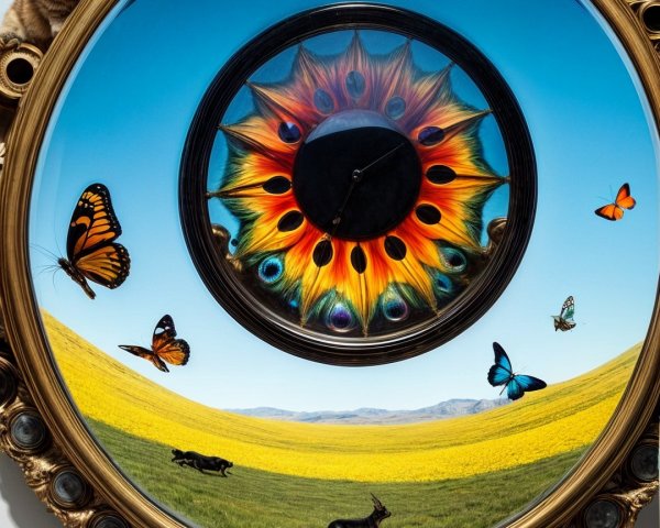 Whimsical Clock with Cats in Surreal Landscape