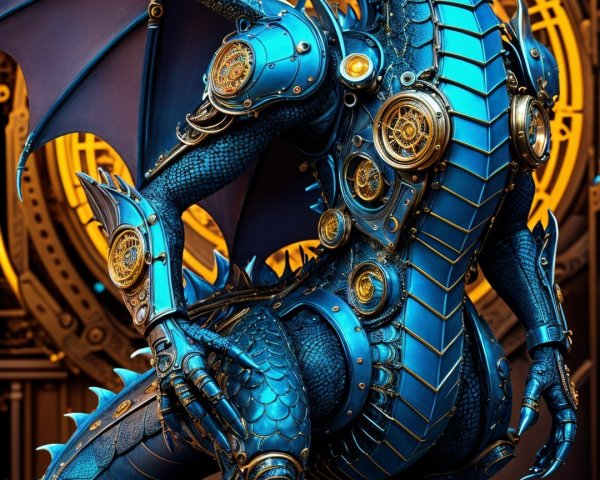 Robotic Dragon with Metallic Blue Body and Red Eyes
