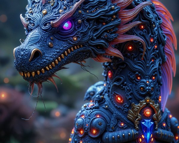 Fantastical dragon with metallic scales and glowing gems