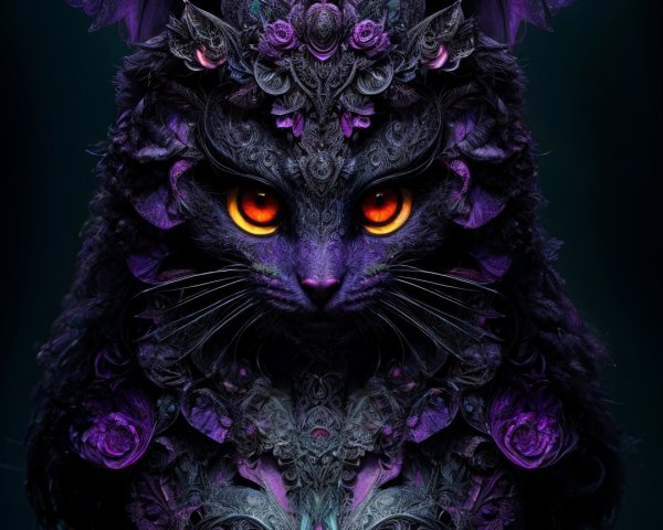 Mystical black cat with luminous orange eyes and patterns