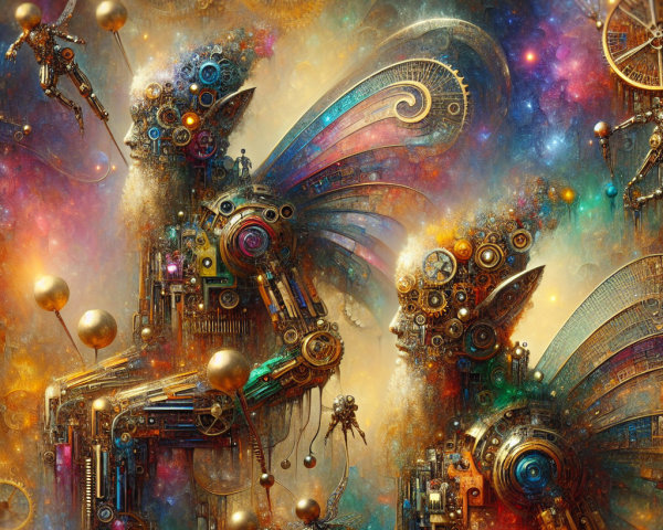 Robotic figures in a vibrant steampunk fantasy setting