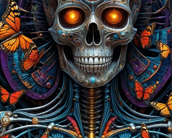 Futuristic skeletal figure with butterflies and cosmic background