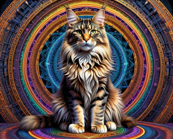 Maine Coon Cat Surrounded by Colorful Patterns