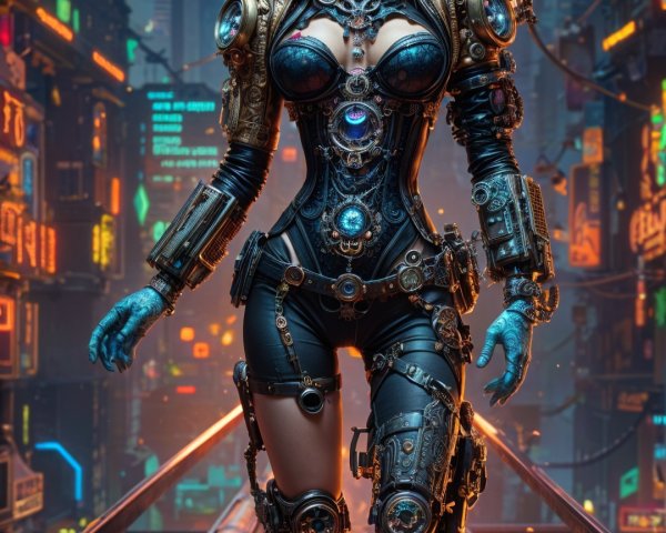 Futuristic Character in Steampunk Armor on Neon Street