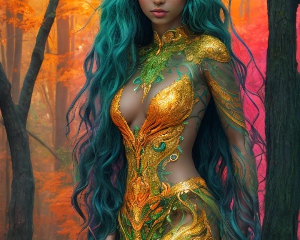 Mystical Figure in Enchanted Forest with Autumn Hues