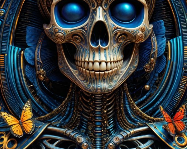 Futuristic Skeleton with Butterflies and Glowing Eyes