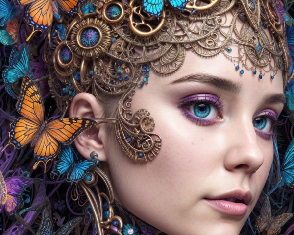 Portrait of a Young Woman with Metallic Jewelry and Butterflies