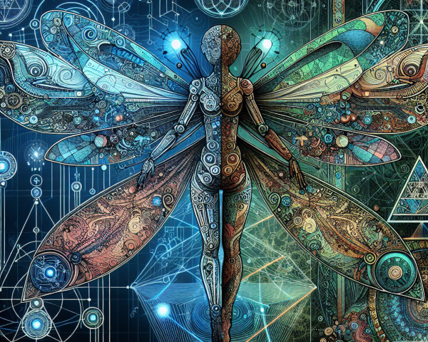 Stylized humanoid figure with mechanical wings and patterns