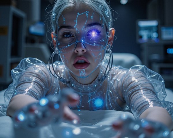 Futuristic Character in Glowing Outfit and Circuitry