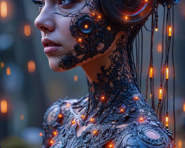 Futuristic Cyborg Figure with Organic and Mechanical Elements