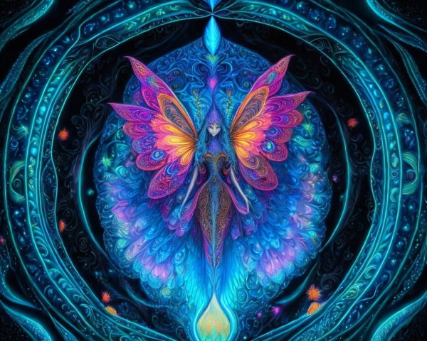 Mystical Figure with Butterfly Wings in Vibrant Colors