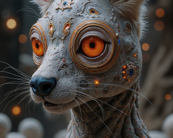 Fantastical Cat-Robot Creature with Glowing Features