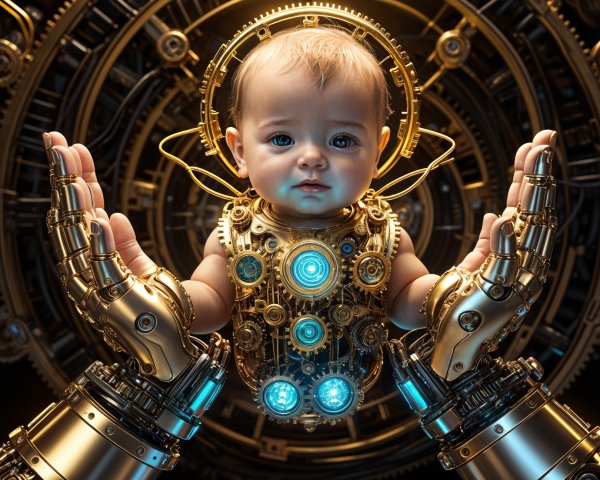 Futuristic Baby in Metallic Exosuit with Blue Lights