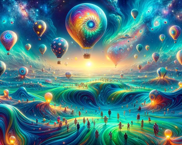 Surreal landscape with colorful hot air balloons and sunset