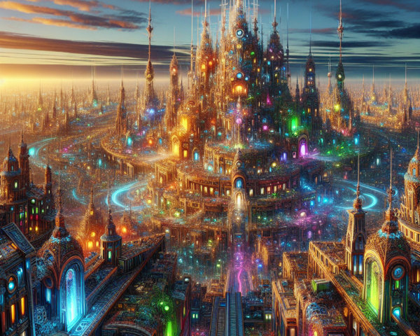 Futuristic cityscape with neon lights at sunset