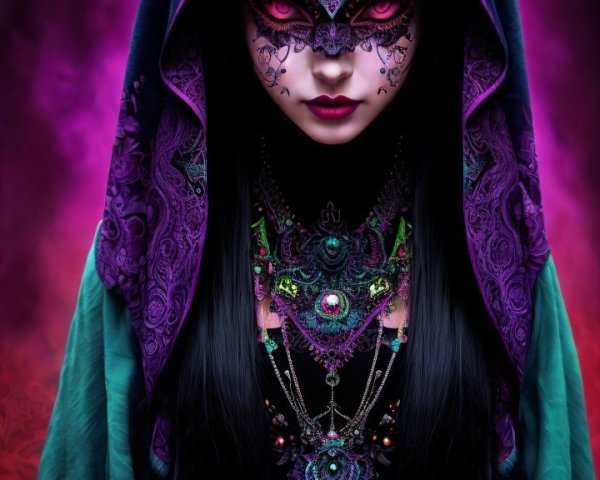 Mysterious Figure in Purple and Teal Cloak with Jewelry