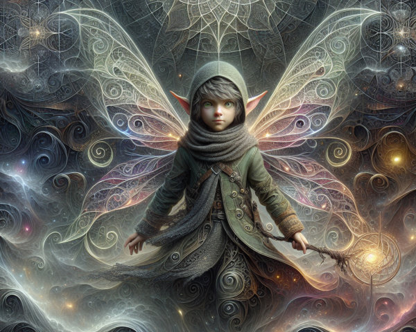 Mystical Child with Wings in Cosmic Patterns