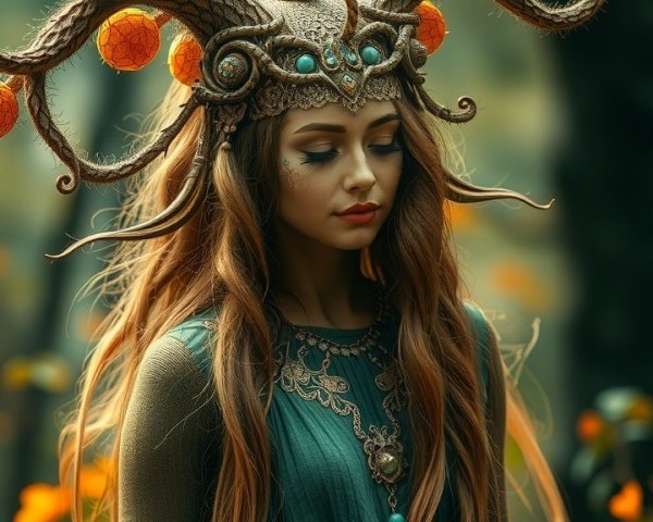 Mystical Figure in Enchanting Forest with Crown and Gown