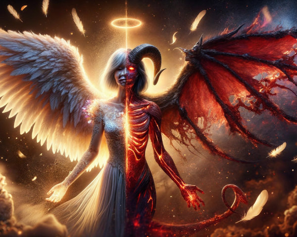 Half Angel Half Demon Figure in Light and Darkness