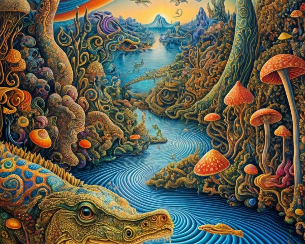 Surreal Landscape with Colorful Mushrooms and Creatures