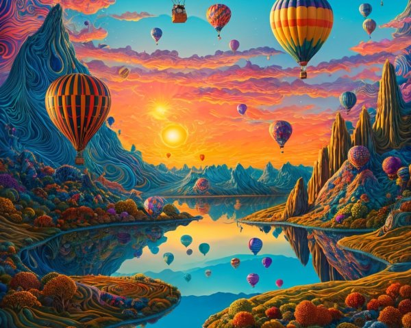 Colorful Hot Air Balloons Over Serene Lake at Sunset