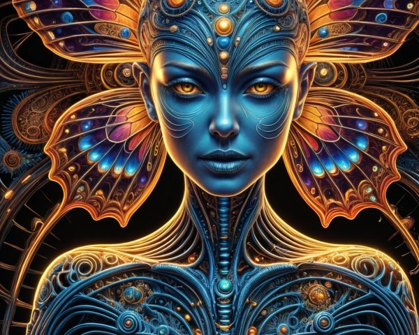 Futuristic figure with mechanical features and butterfly wings