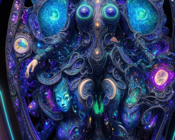 Futuristic figure with cosmic patterns and vibrant colors