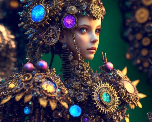 Steampunk-Inspired Robotic Figure with Gemstones
