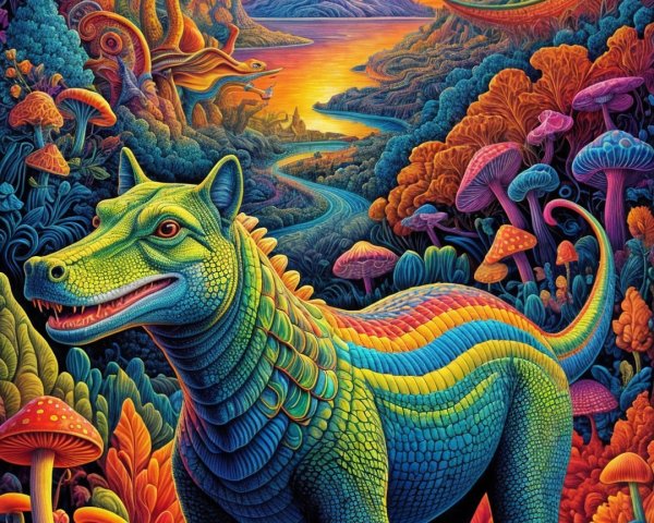 Surreal Landscape with Colorful Mushrooms and Creatures