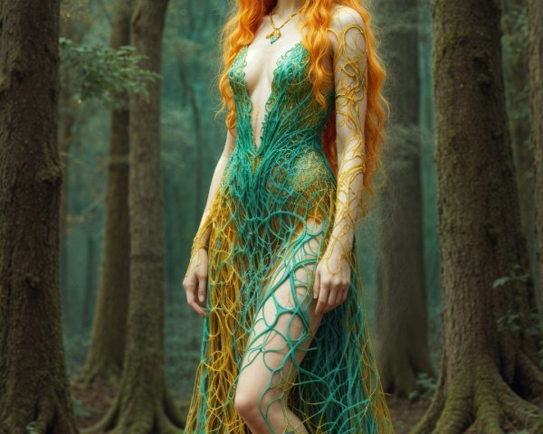 Mystical figure in a foggy forest with vine gown