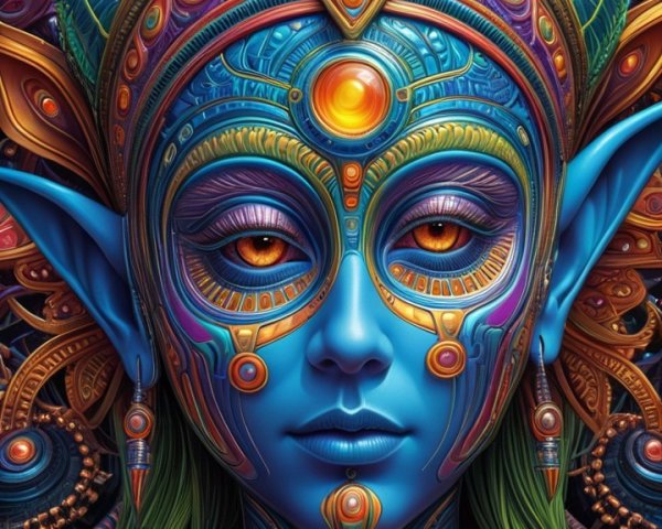 Vibrant Mystical Figure with Blue Skin and Jewelry