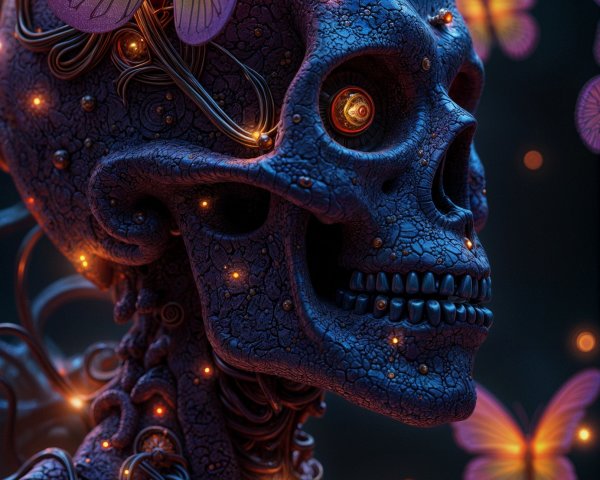 Surreal Skeleton with Butterflies and Luminous Tendrils