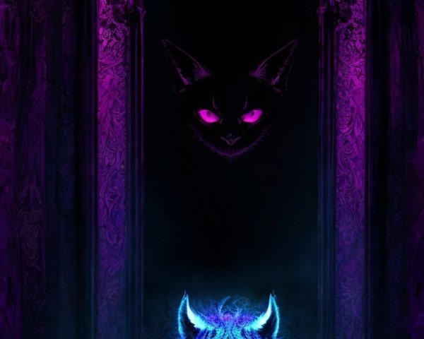 Mystical Archway with Luminescent Blue Cat and Shadows