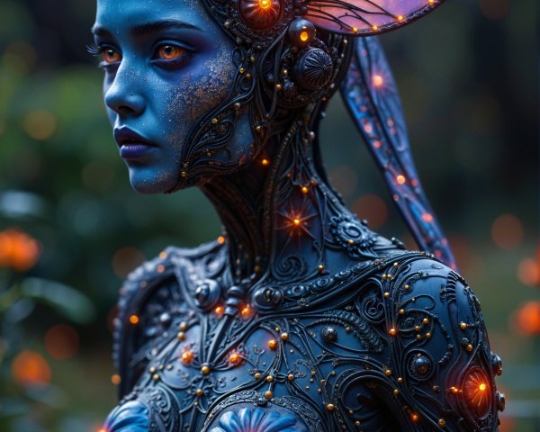 Intricate Figure with Metallic Patterns and Wings